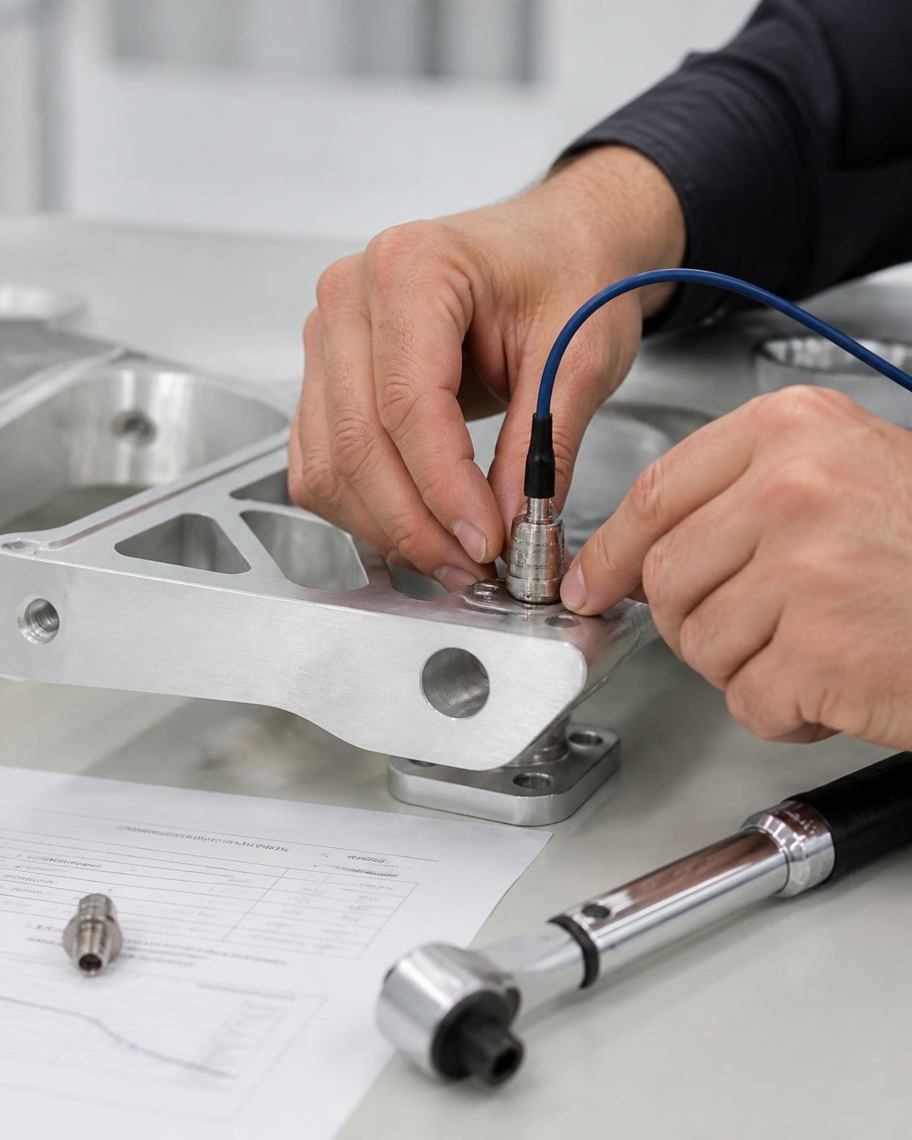 Engineer mounting a piezoelectric accelerometer onto a machined aluminium component