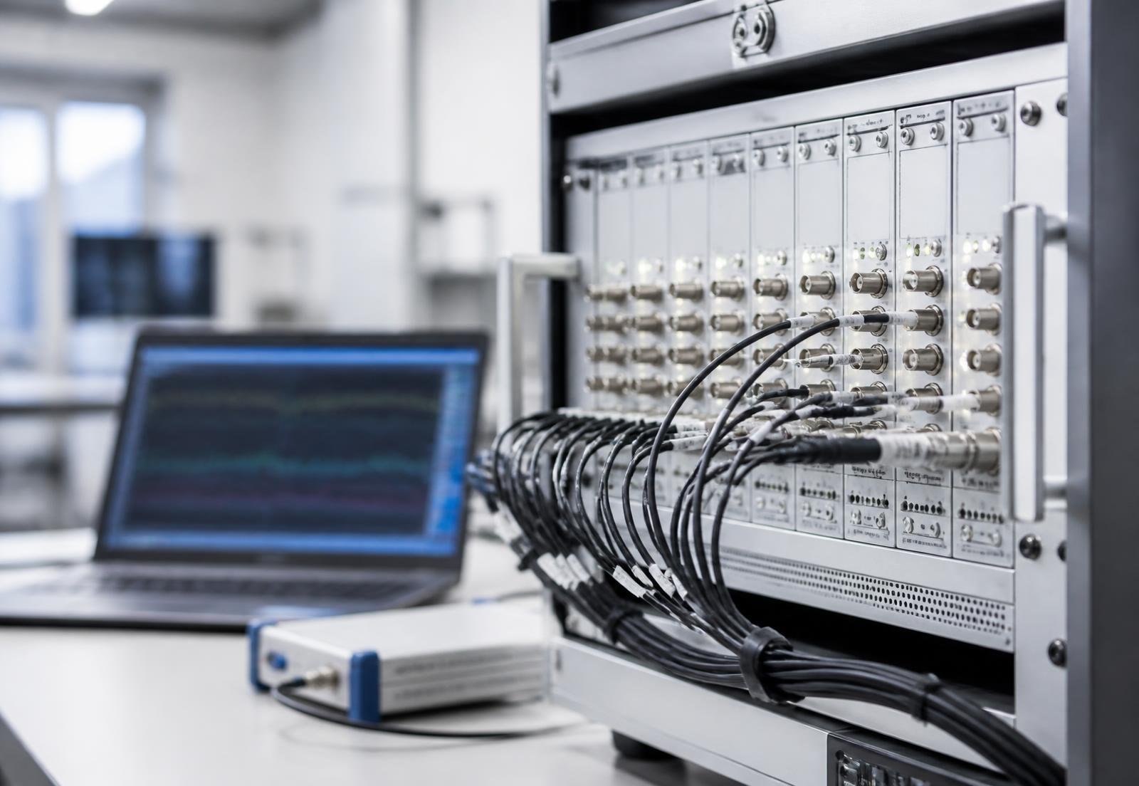 Multi-channel data acquisition rack with BNC connections and measurement modules