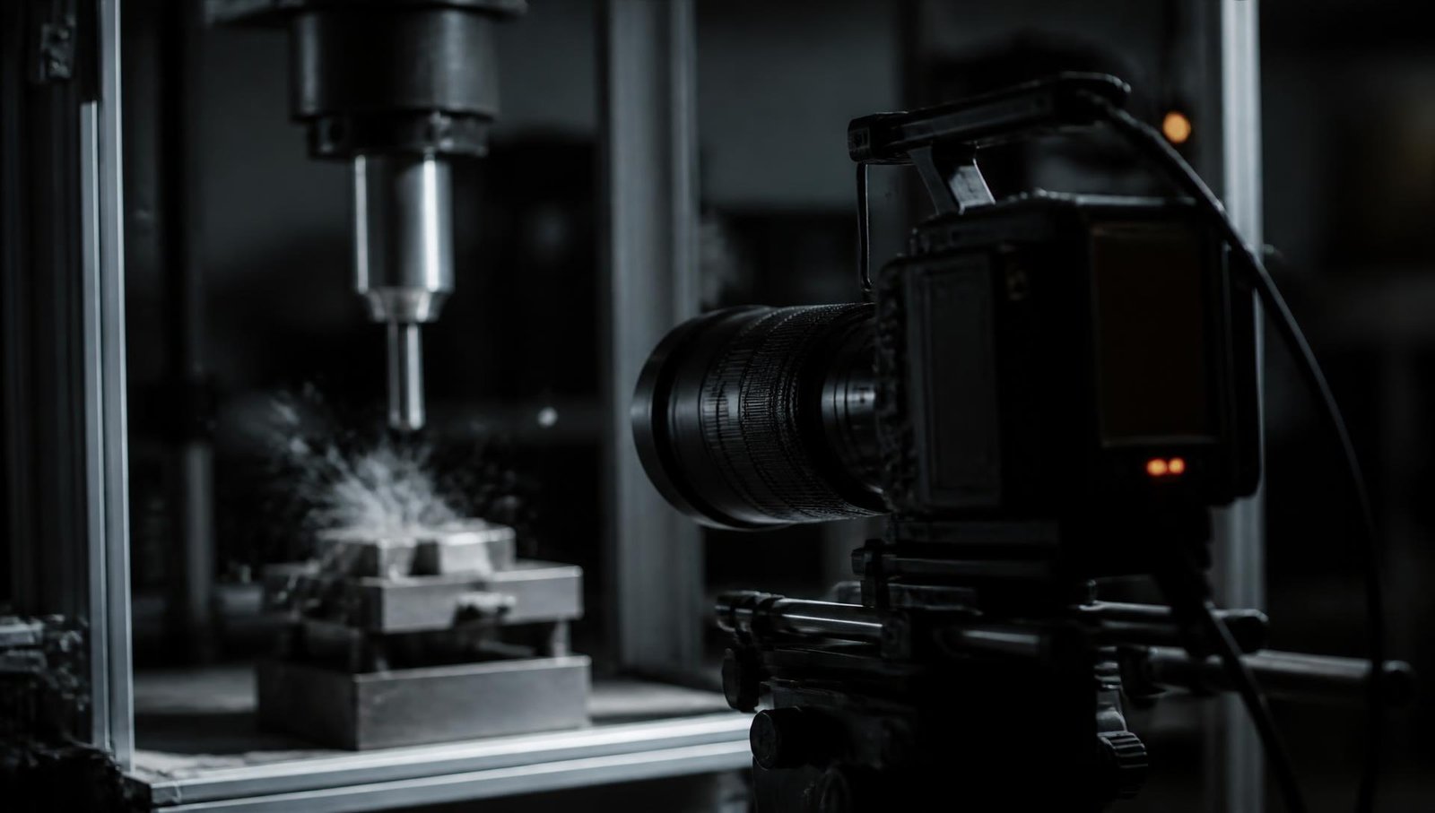 High-speed video camera aimed at a mechanical impact test rig